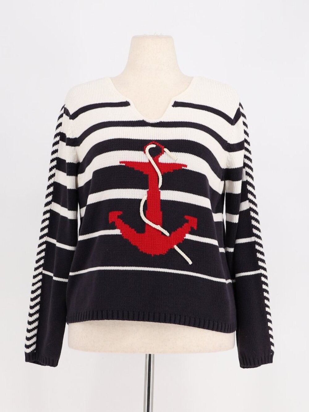 Villager Sport Vintage Nautical Anchor Sweater Navy Striped Cotton Blend Size L